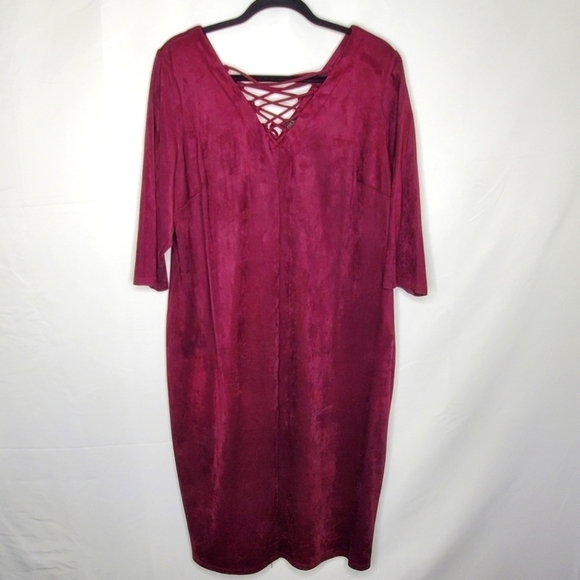 G.I.L.I. Lace-up Midi Dress Size 1X Stretch Faux Suede V-Neck Party Burgundy - Picture 2 of 15